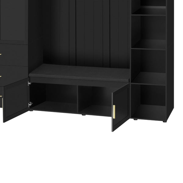 English Elm U-can Entryway Hall Tree with Cushioned Bench Enclosed Cabinet and Adjustable Shelving Antique Black SJ000167AAB