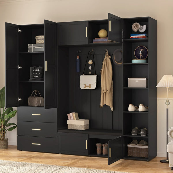 English Elm U-can Entryway Hall Tree with Cushioned Bench Enclosed Cabinet and Adjustable Shelving Antique Black SJ000167AAB