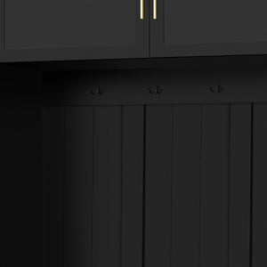 English Elm U-can Entryway Hall Tree with Cushioned Bench Enclosed Cabinet and Adjustable Shelving Antique Black SJ000167AAB