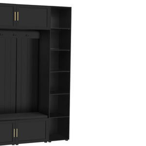 English Elm U-can Entryway Hall Tree with Cushioned Bench Enclosed Cabinet and Adjustable Shelving Antique Black SJ000167AAB