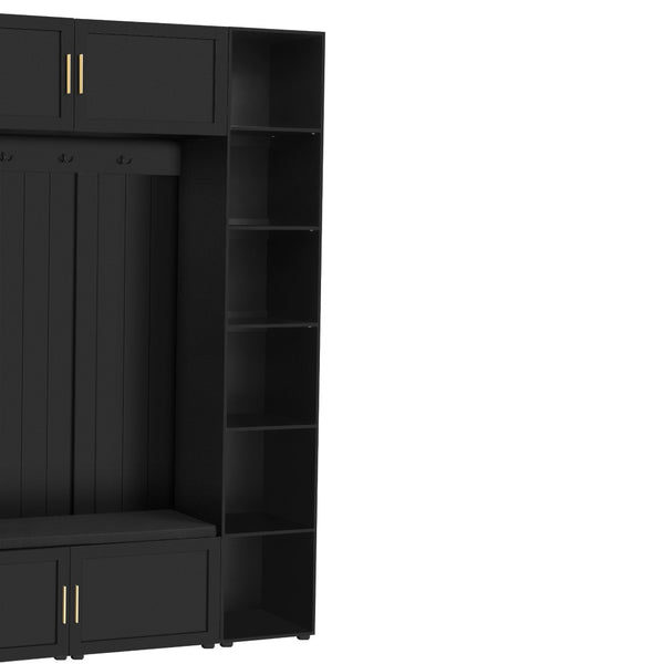 English Elm U-can Entryway Hall Tree with Cushioned Bench Enclosed Cabinet and Adjustable Shelving Antique Black SJ000167AAB