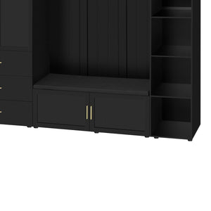 English Elm U-can Entryway Hall Tree with Cushioned Bench Enclosed Cabinet and Adjustable Shelving Antique Black SJ000167AAB