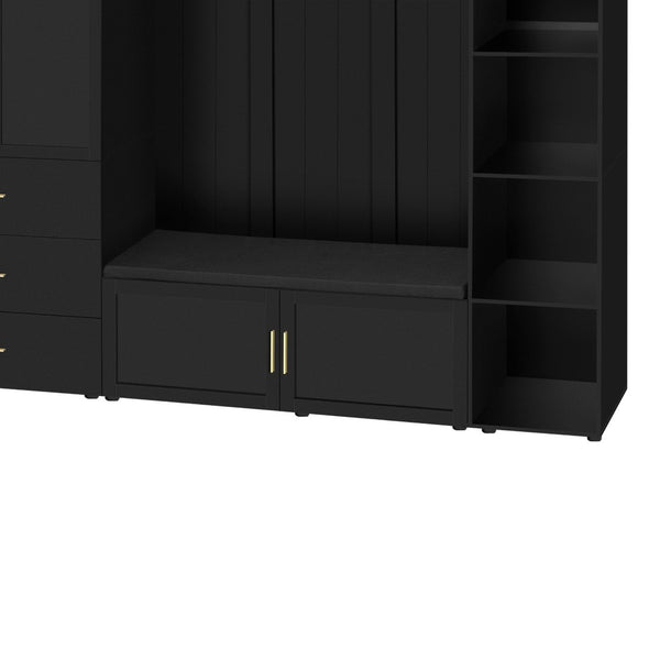 English Elm U-can Entryway Hall Tree with Cushioned Bench Enclosed Cabinet and Adjustable Shelving Antique Black SJ000167AAB
