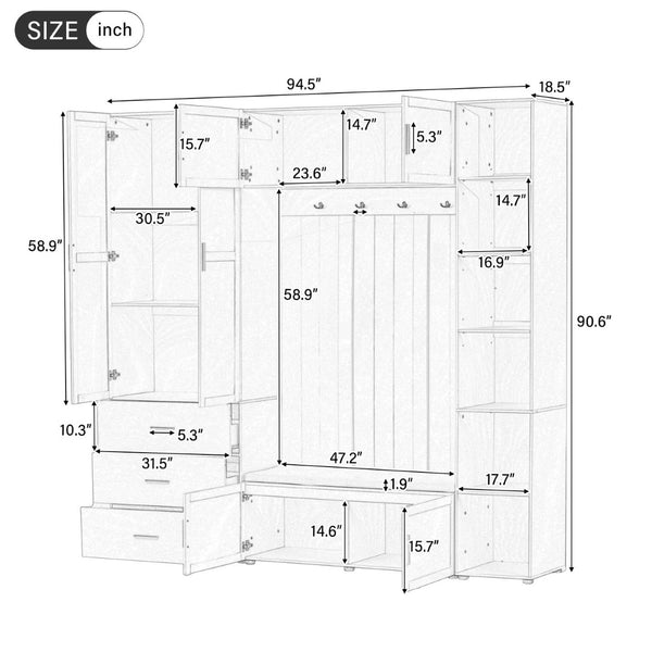 English Elm U-can Entryway Hall Tree with Cushioned Bench Enclosed Cabinet and Adjustable Shelving Antique Black SJ000167AAB