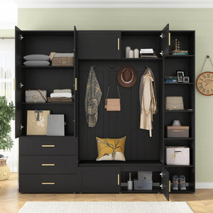 English Elm U-can Entryway Hall Tree with Cushioned Bench Enclosed Cabinet and Adjustable Shelving Antique Black SJ000167AAB