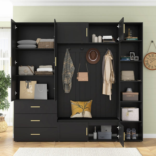 English Elm U-can Entryway Hall Tree with Cushioned Bench Enclosed Cabinet and Adjustable Shelving Antique Black SJ000167AAB