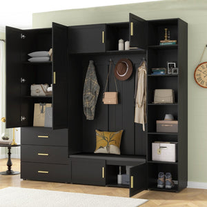 English Elm U-can Entryway Hall Tree with Cushioned Bench Enclosed Cabinet and Adjustable Shelving Antique Black SJ000167AAB