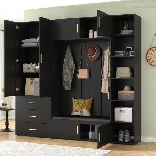 English Elm U-can Entryway Hall Tree with Cushioned Bench Enclosed Cabinet and Adjustable Shelving Antique Black SJ000167AAB