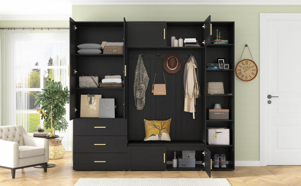 English Elm U-can Entryway Hall Tree with Cushioned Bench Enclosed Cabinet and Adjustable Shelving Antique Black SJ000167AAB