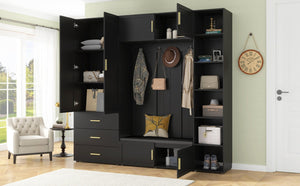 English Elm U-can Entryway Hall Tree with Cushioned Bench Enclosed Cabinet and Adjustable Shelving Antique Black SJ000167AAB