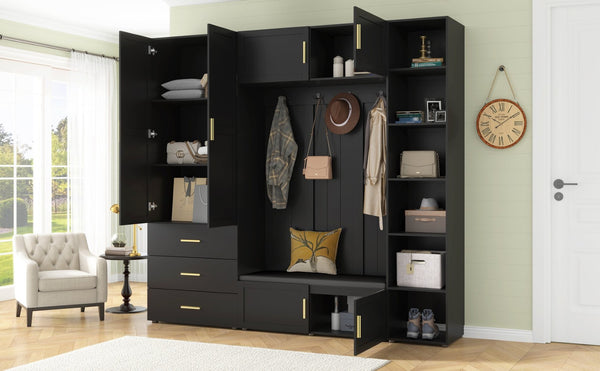 English Elm U-can Entryway Hall Tree with Cushioned Bench Enclosed Cabinet and Adjustable Shelving Antique Black SJ000167AAB