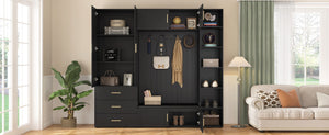 English Elm U-can Entryway Hall Tree with Cushioned Bench Enclosed Cabinet and Adjustable Shelving Antique Black SJ000167AAB