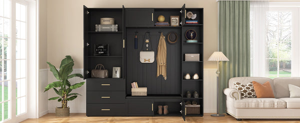 English Elm U-can Entryway Hall Tree with Cushioned Bench Enclosed Cabinet and Adjustable Shelving Antique Black SJ000167AAB