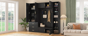 English Elm U-can Entryway Hall Tree with Cushioned Bench Enclosed Cabinet and Adjustable Shelving Antique Black SJ000167AAB