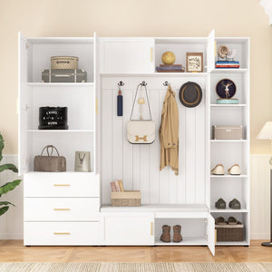 English Elm U-can Entryway Hall Tree with Cushioned Bench Enclosed Cabinet and Adjustable Shelving Ancient White SJ000167AAK