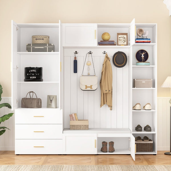 English Elm U-can Entryway Hall Tree with Cushioned Bench Enclosed Cabinet and Adjustable Shelving Ancient White SJ000167AAK