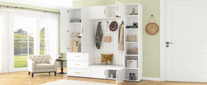 English Elm U-can Entryway Hall Tree with Cushioned Bench Enclosed Cabinet and Adjustable Shelving Ancient White SJ000167AAK