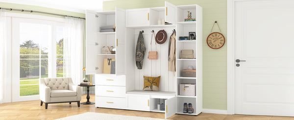 English Elm U-can Entryway Hall Tree with Cushioned Bench Enclosed Cabinet and Adjustable Shelving Ancient White SJ000167AAK
