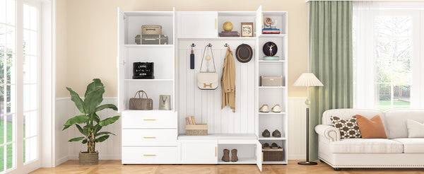 English Elm U-can Entryway Hall Tree with Cushioned Bench Enclosed Cabinet and Adjustable Shelving Ancient White SJ000167AAK