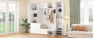 English Elm U-can Entryway Hall Tree with Cushioned Bench Enclosed Cabinet and Adjustable Shelving Ancient White SJ000167AAK