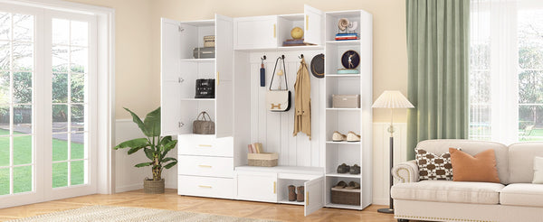 English Elm U-can Entryway Hall Tree with Cushioned Bench Enclosed Cabinet and Adjustable Shelving Ancient White SJ000167AAK