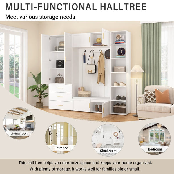 English Elm U-can Entryway Hall Tree with Cushioned Bench Enclosed Cabinet and Adjustable Shelving Ancient White SJ000167AAK