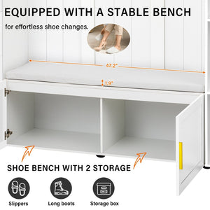 English Elm U-can Entryway Hall Tree with Cushioned Bench Enclosed Cabinet and Adjustable Shelving Ancient White SJ000167AAK