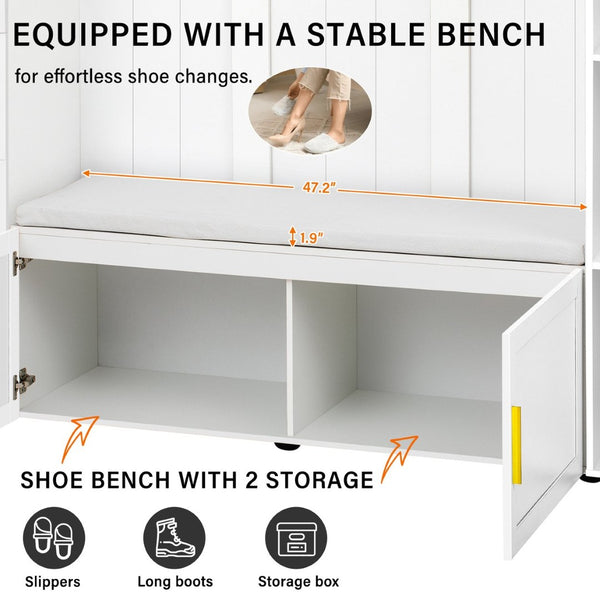 English Elm U-can Entryway Hall Tree with Cushioned Bench Enclosed Cabinet and Adjustable Shelving Ancient White SJ000167AAK