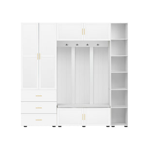 English Elm U-can Entryway Hall Tree with Cushioned Bench Enclosed Cabinet and Adjustable Shelving Ancient White SJ000167AAK