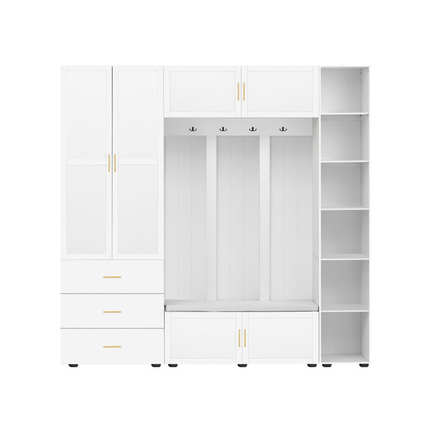 English Elm U-can Entryway Hall Tree with Cushioned Bench Enclosed Cabinet and Adjustable Shelving Ancient White SJ000167AAK