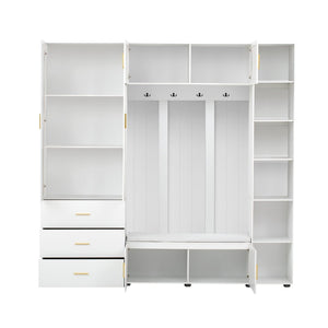 English Elm U-can Entryway Hall Tree with Cushioned Bench Enclosed Cabinet and Adjustable Shelving Ancient White SJ000167AAK