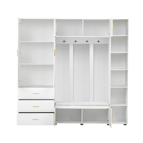 English Elm U-can Entryway Hall Tree with Cushioned Bench Enclosed Cabinet and Adjustable Shelving Ancient White SJ000167AAK