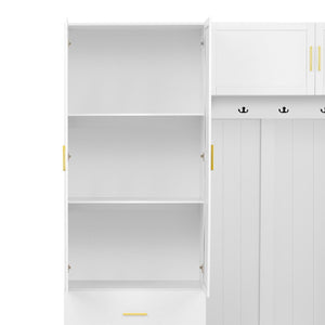 English Elm U-can Entryway Hall Tree with Cushioned Bench Enclosed Cabinet and Adjustable Shelving Ancient White SJ000167AAK