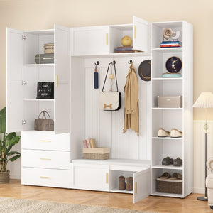 English Elm U-can Entryway Hall Tree with Cushioned Bench Enclosed Cabinet and Adjustable Shelving Ancient White SJ000167AAK
