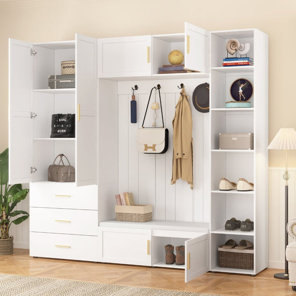 English Elm U-can Entryway Hall Tree with Cushioned Bench Enclosed Cabinet and Adjustable Shelving Ancient White SJ000167AAK