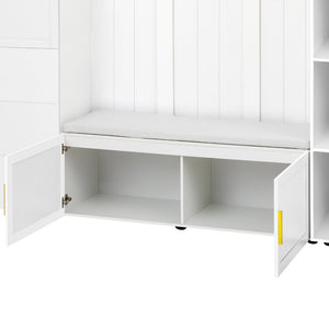 English Elm U-can Entryway Hall Tree with Cushioned Bench Enclosed Cabinet and Adjustable Shelving Ancient White SJ000167AAK