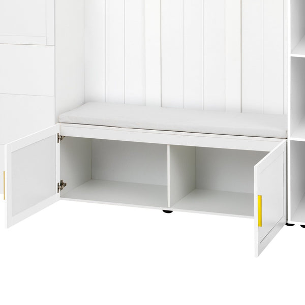 English Elm U-can Entryway Hall Tree with Cushioned Bench Enclosed Cabinet and Adjustable Shelving Ancient White SJ000167AAK
