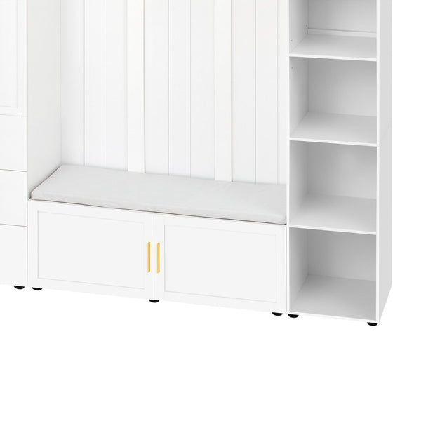 English Elm U-can Entryway Hall Tree with Cushioned Bench Enclosed Cabinet and Adjustable Shelving Ancient White SJ000167AAK
