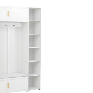 English Elm U-can Entryway Hall Tree with Cushioned Bench Enclosed Cabinet and Adjustable Shelving Ancient White SJ000167AAK