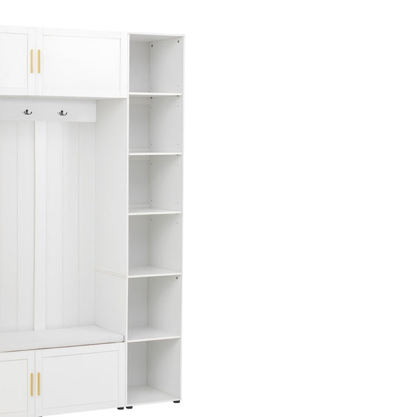 English Elm U-can Entryway Hall Tree with Cushioned Bench Enclosed Cabinet and Adjustable Shelving Ancient White SJ000167AAK