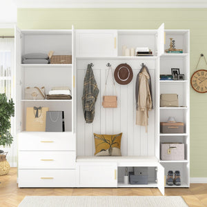 English Elm U-can Entryway Hall Tree with Cushioned Bench Enclosed Cabinet and Adjustable Shelving Ancient White SJ000167AAK