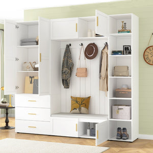 English Elm U-can Entryway Hall Tree with Cushioned Bench Enclosed Cabinet and Adjustable Shelving Ancient White SJ000167AAK