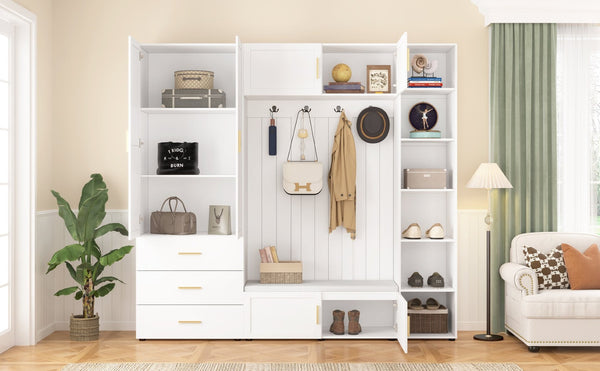 English Elm U-can Entryway Hall Tree with Cushioned Bench Enclosed Cabinet and Adjustable Shelving Ancient White SJ000167AAK