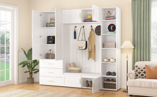 English Elm U-can Entryway Hall Tree with Cushioned Bench Enclosed Cabinet and Adjustable Shelving Ancient White SJ000167AAK