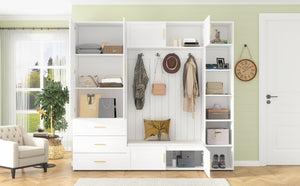 English Elm U-can Entryway Hall Tree with Cushioned Bench Enclosed Cabinet and Adjustable Shelving Ancient White SJ000167AAK