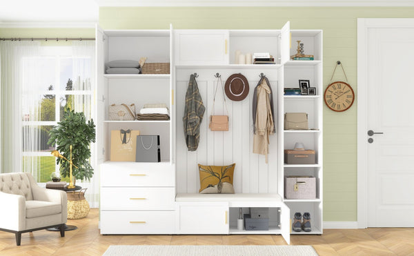 English Elm U-can Entryway Hall Tree with Cushioned Bench Enclosed Cabinet and Adjustable Shelving Ancient White SJ000167AAK