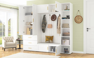 English Elm U-can Entryway Hall Tree with Cushioned Bench Enclosed Cabinet and Adjustable Shelving Ancient White SJ000167AAK