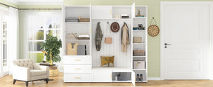 English Elm U-can Entryway Hall Tree with Cushioned Bench Enclosed Cabinet and Adjustable Shelving Ancient White SJ000167AAK