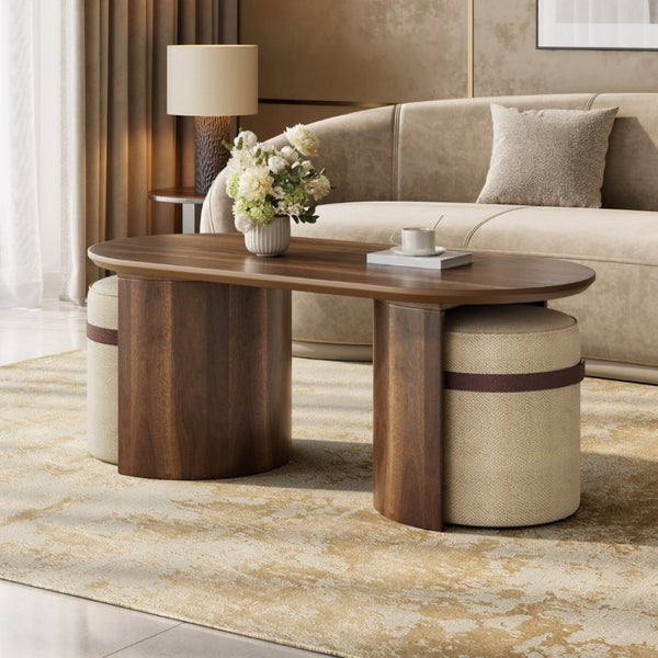 English Elm U-Can Oval Walnut Finish Coffee Table with Two Tucking Poufs for Small Living Rooms SJ000168AAM