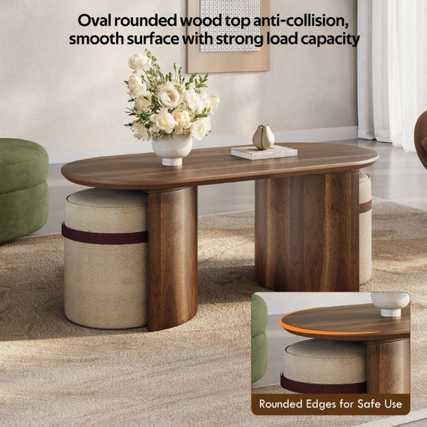 English Elm U-Can Oval Walnut Finish Coffee Table with Two Tucking Poufs for Small Living Rooms SJ000168AAM